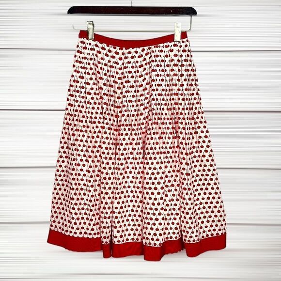 Oscar De La Renta Red & Cream Cherry Print Silk Pleated Skirt size US 00 - Picture 4 of 11